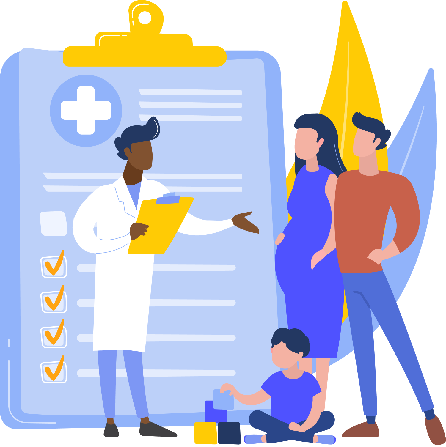 Médecin debout avec un dossier médical parlant à une famille.